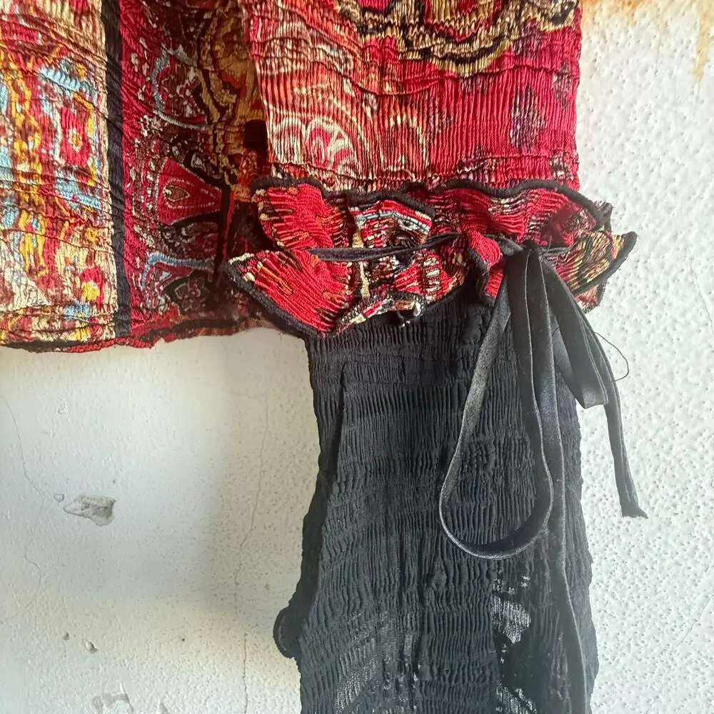 Vintage Ruffle Blouse Patchwork Crinkle Chiffon‎ Ornate Baroque Glam Maximalist - Picture 5 of 6